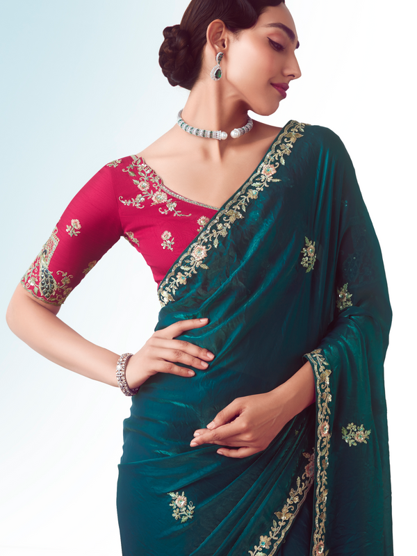 Deep Teal Embroidered Designer Satin Silk Saree With Contrast Blouse