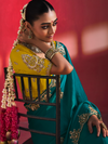 Teal Green Embroidered Designer Satin Silk Saree With Contrast Blouse