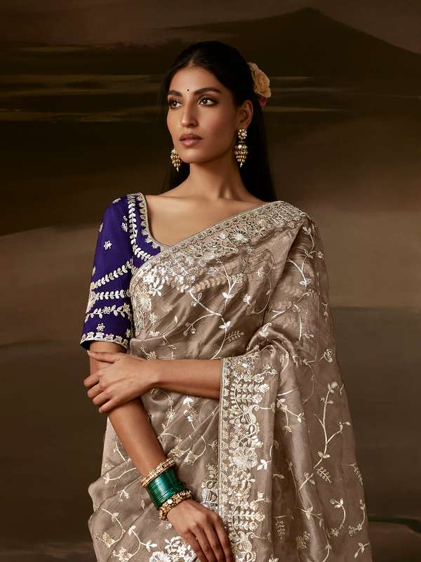 Taupe Grey Embroidered Designer Organza Silk Saree