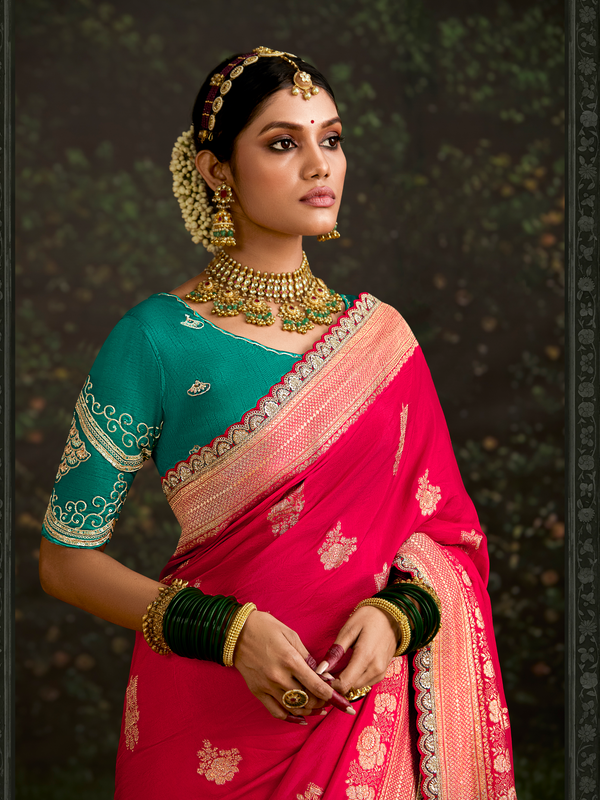 Crimson Red Designer Banarasi Dola Silk Saree With Golden Zari Work