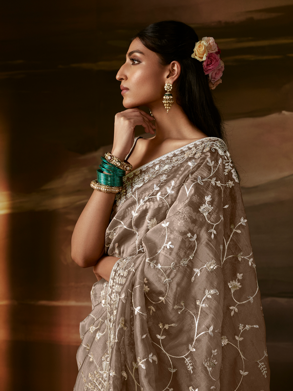 Taupe Grey Embroidered Designer Organza Silk Saree