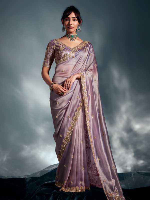 Lilac Embroidered Designer Tissue Organza Silk Saree