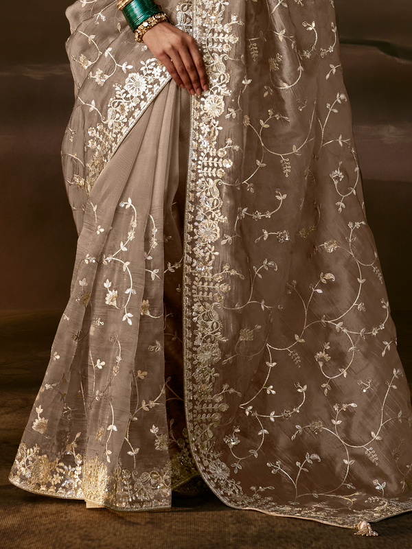 Taupe Grey Embroidered Designer Organza Silk Saree