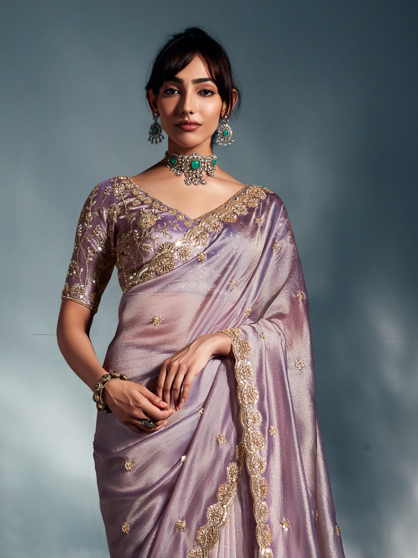Lilac Embroidered Designer Tissue Organza Silk Saree
