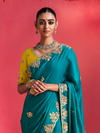 Teal Green Embroidered Designer Satin Silk Saree With Contrast Blouse