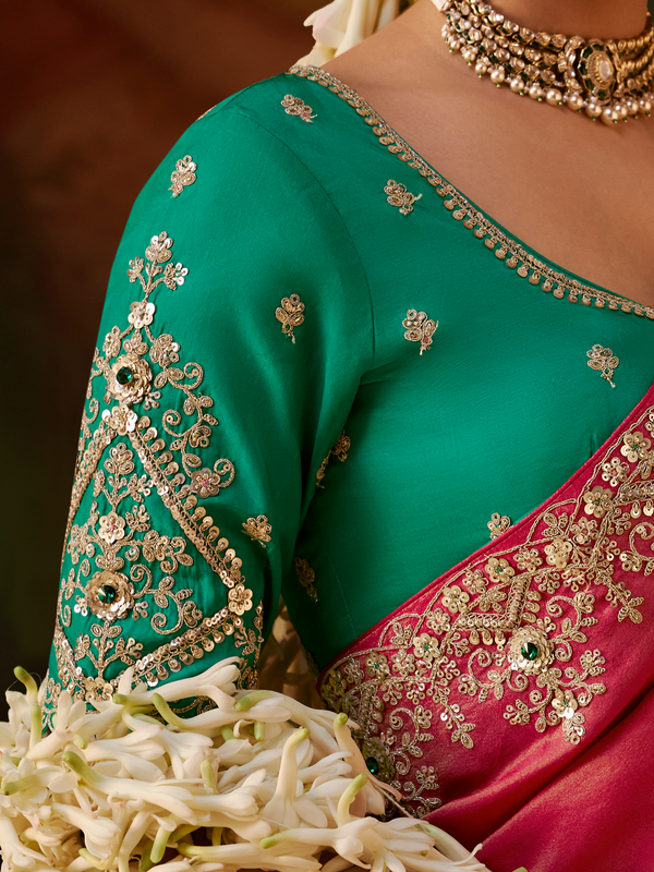 Coral Pink Embroidered Designer Tissue Silk Saree With Contrast Blouse