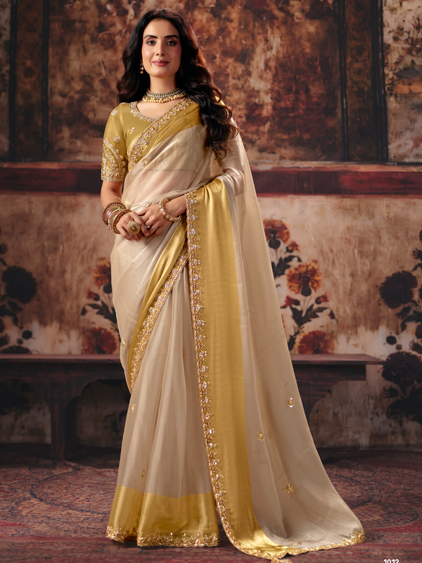Cream Gold Embroidered Designer Tissue Silk Saree