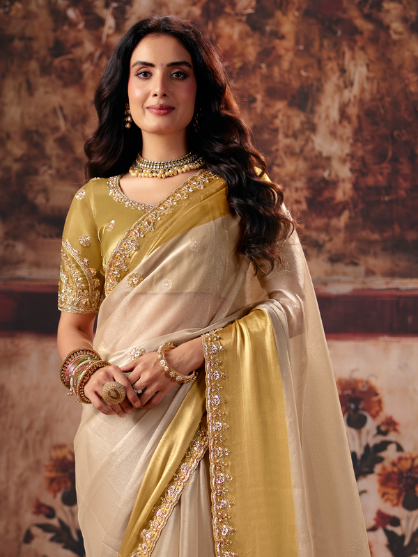 Cream Gold Embroidered Designer Tissue Silk Saree