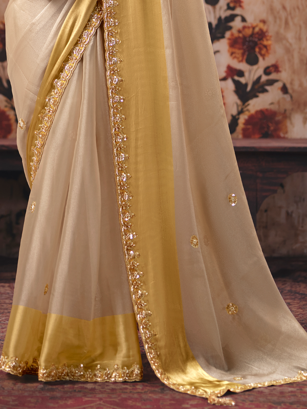 Cream Gold Embroidered Designer Tissue Silk Saree