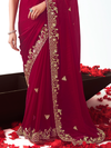 Crimson Red Embroidered Designer Satin Silk Saree