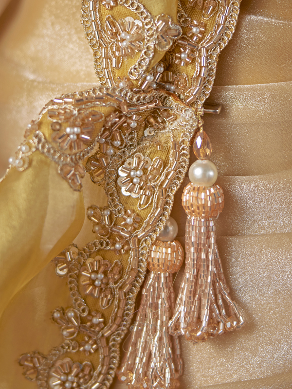 Cream Gold Embroidered Designer Tissue Silk Saree