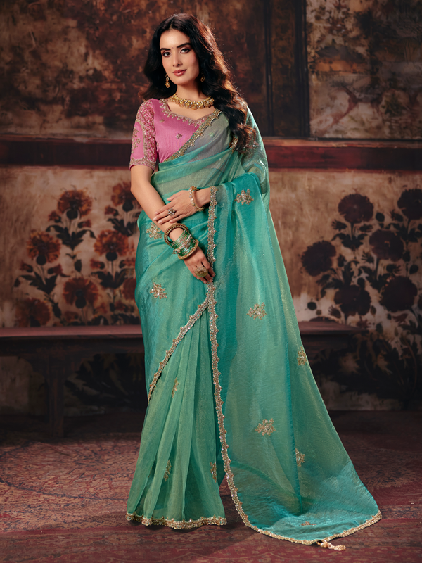 Sea Green Embroidered Designer Tissue Silk Saree With Contrast Blouse