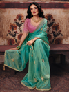Sea Green Embroidered Designer Tissue Silk Saree With Contrast Blouse