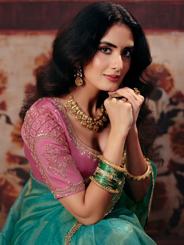 Sea Green Embroidered Designer Tissue Silk Saree With Contrast Blouse