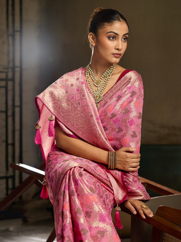 Rose Pink Banarasi Georgette Saree With Contrast Blouse
