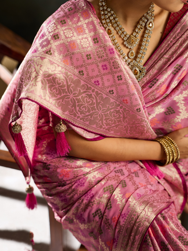 Rose Pink Banarasi Georgette Saree With Contrast Blouse