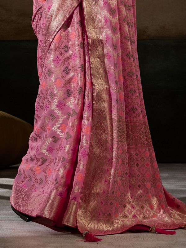 Rose Pink Banarasi Georgette Saree With Contrast Blouse