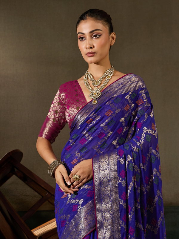 Royal Blue Banarasi Georgette Saree With Contrast Blouse