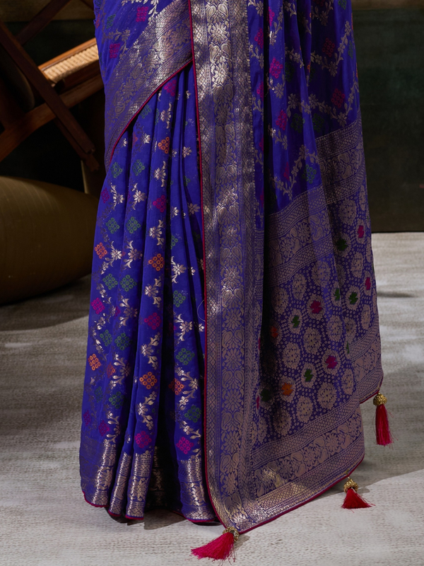 Royal Blue Banarasi Georgette Saree With Contrast Blouse