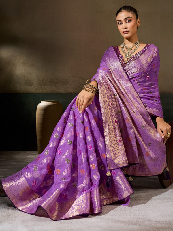 Orchid Purple Banarasi Georgette Saree With Contrast Blouse