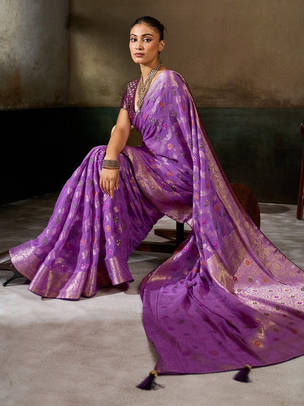 Orchid Purple Banarasi Georgette Saree With Contrast Blouse