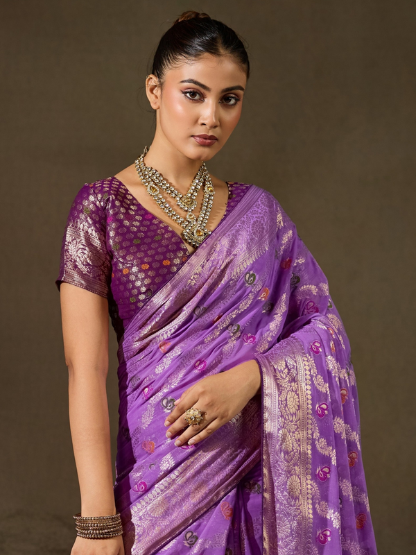 Orchid Purple Banarasi Georgette Saree With Contrast Blouse