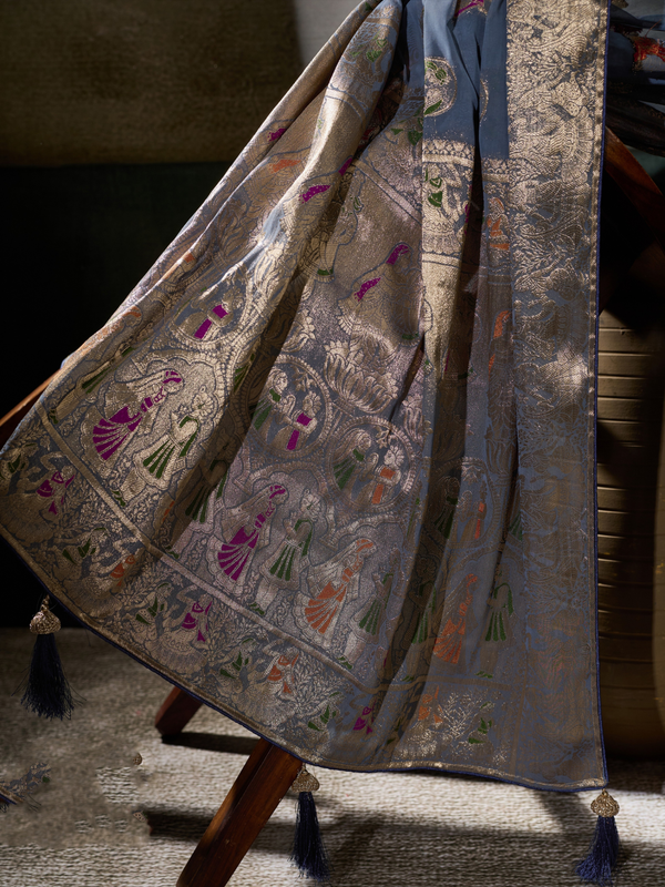 Steel Blue Banarasi Georgette Saree With Contrast Blouse