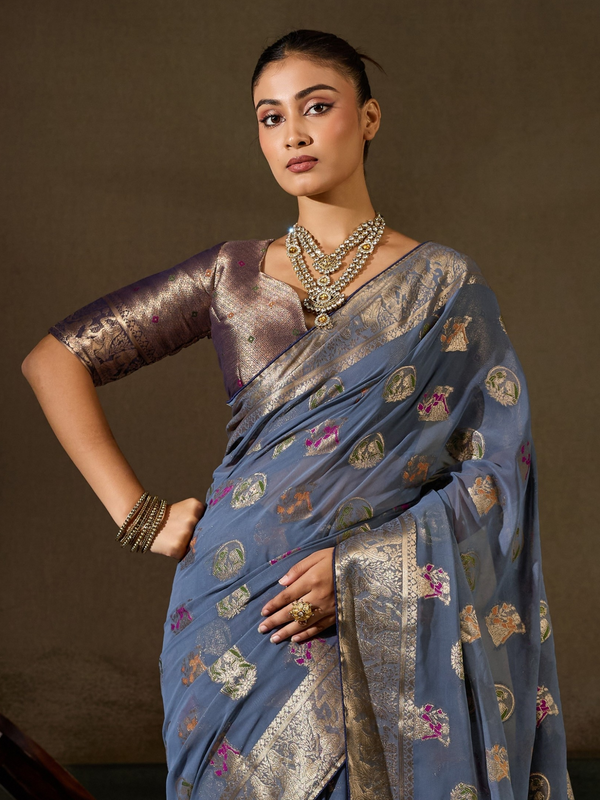 Steel Blue Banarasi Georgette Saree With Contrast Blouse