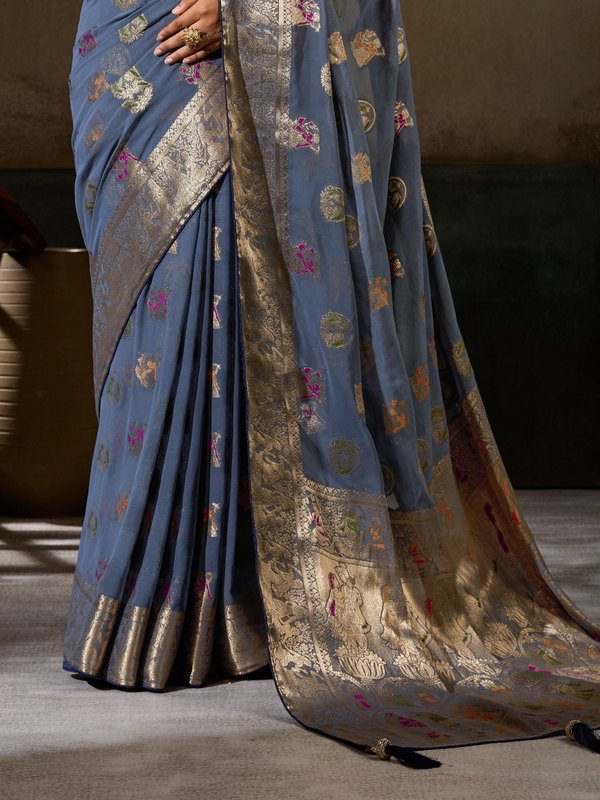 Steel Blue Banarasi Georgette Saree With Contrast Blouse