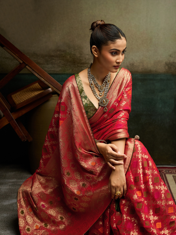 Crimson Red Banarasi Georgette Saree With Contrast Blouse