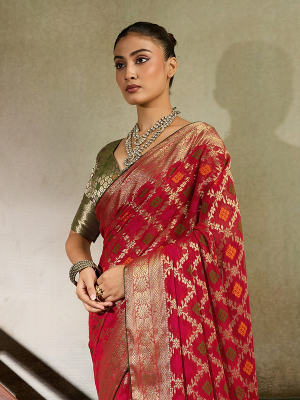 Crimson Red Banarasi Georgette Saree With Contrast Blouse