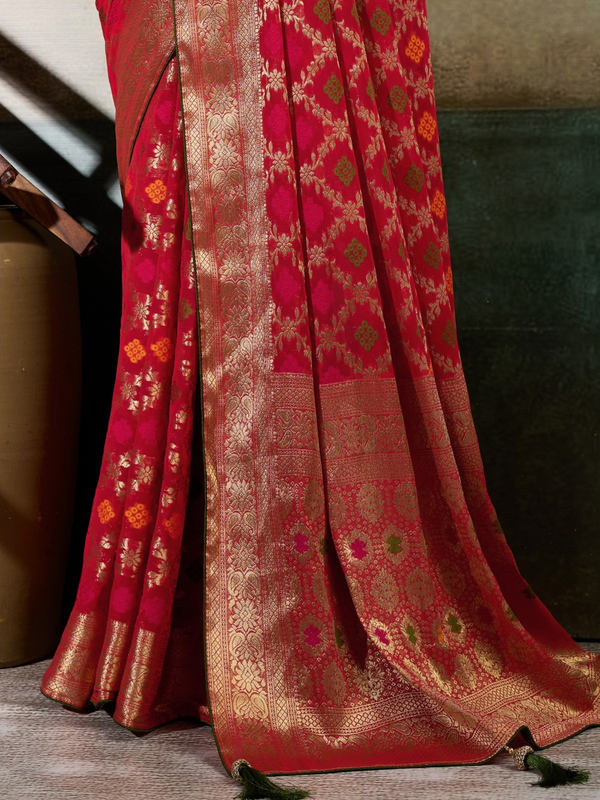 Crimson Red Banarasi Georgette Saree With Contrast Blouse