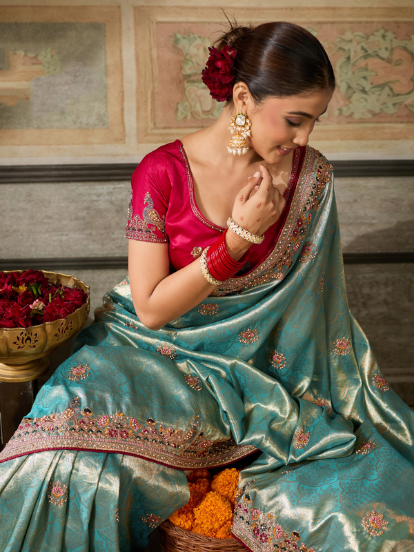 Aqua Blue Banarasi Satin Silk Saree With Contrast Blouse
