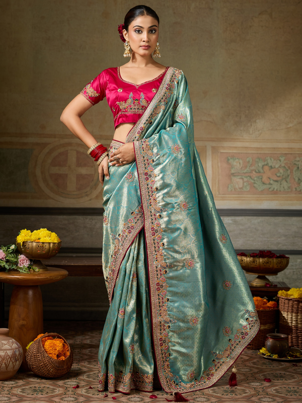 Aqua Blue Banarasi Satin Silk Saree With Contrast Blouse