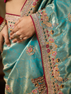 Aqua Blue Banarasi Satin Silk Saree With Contrast Blouse