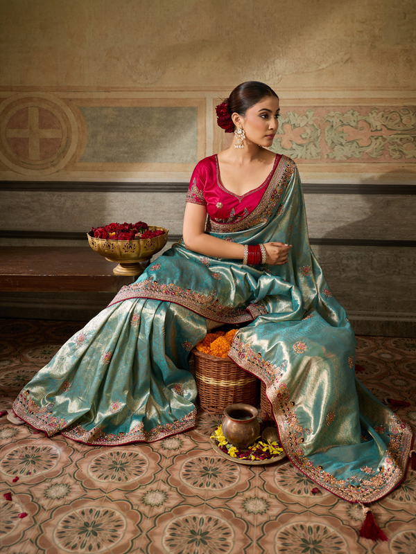 Aqua Blue Banarasi Satin Silk Saree With Contrast Blouse