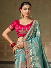 Aqua Blue Banarasi Satin Silk Saree With Contrast Blouse