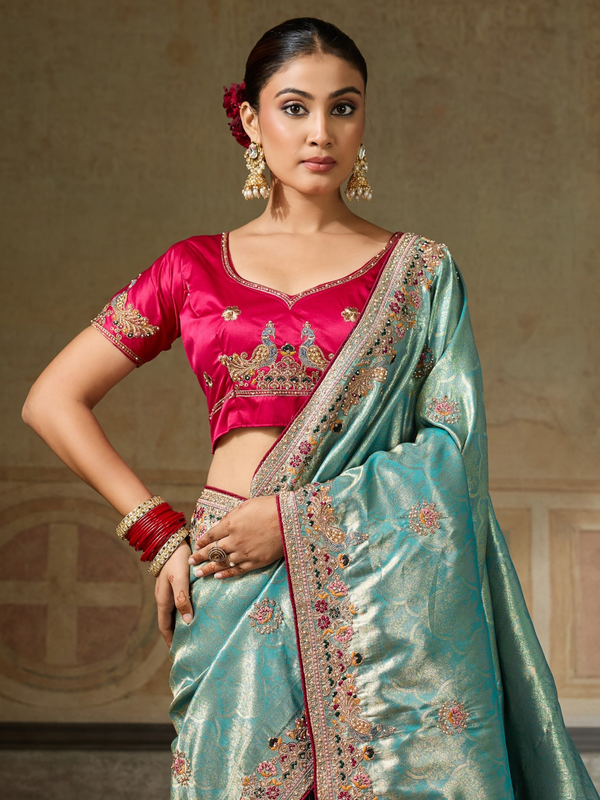 Aqua Blue Banarasi Satin Silk Saree With Contrast Blouse