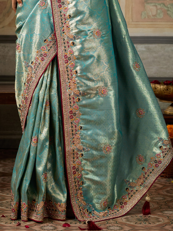 Aqua Blue Banarasi Satin Silk Saree With Contrast Blouse