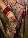 Antique Gold Banarasi Satin Silk Saree With Contrast Blouse