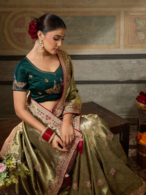 Antique Gold Banarasi Satin Silk Saree With Contrast Blouse