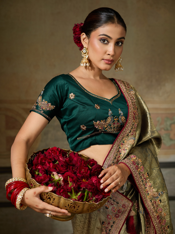 Antique Gold Banarasi Satin Silk Saree With Contrast Blouse