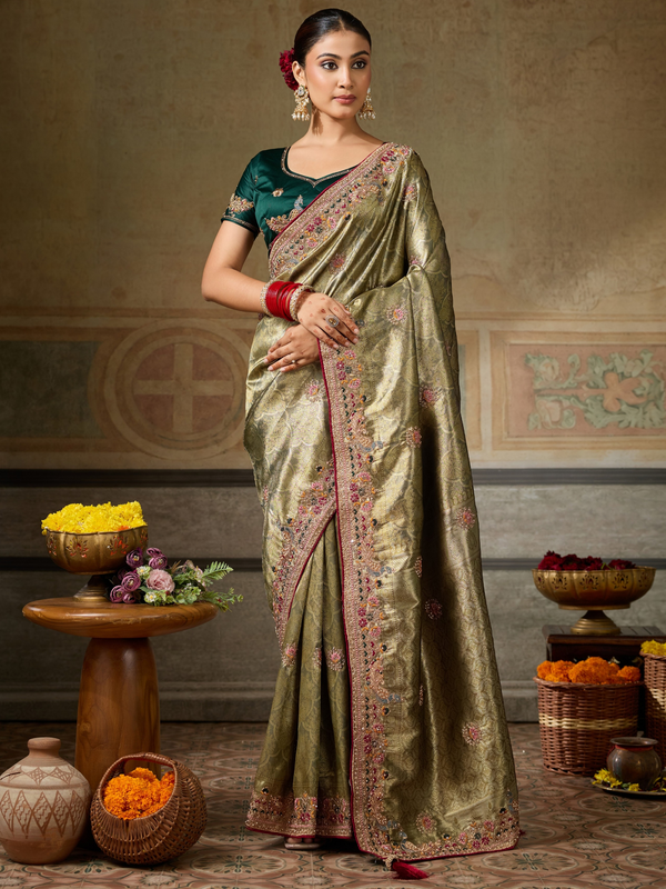Antique Gold Banarasi Satin Silk Saree With Contrast Blouse
