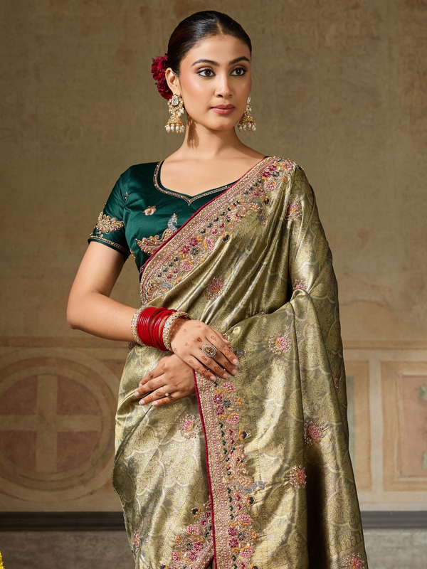 Antique Gold Banarasi Satin Silk Saree With Contrast Blouse