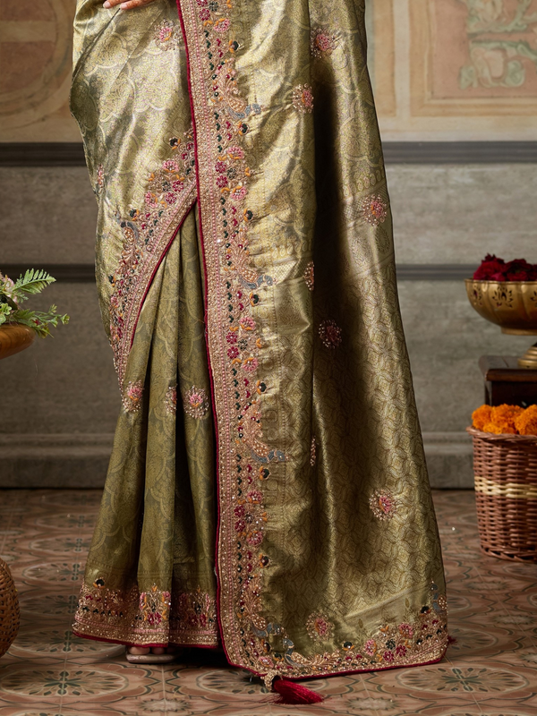 Antique Gold Banarasi Satin Silk Saree With Contrast Blouse