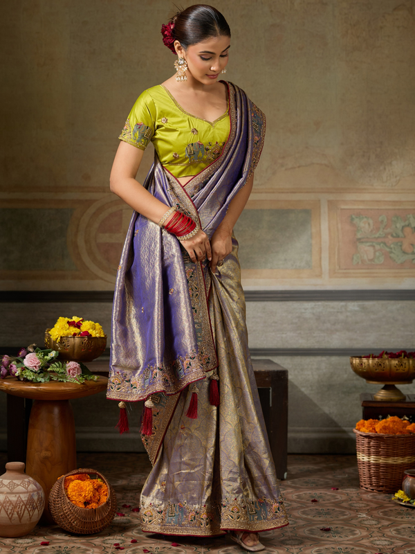 Dusty Lavender Banarasi Satin Silk Saree With Contrast Blouse