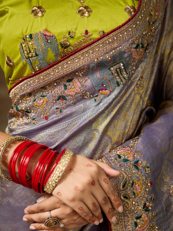 Dusty Lavender Banarasi Satin Silk Saree With Contrast Blouse