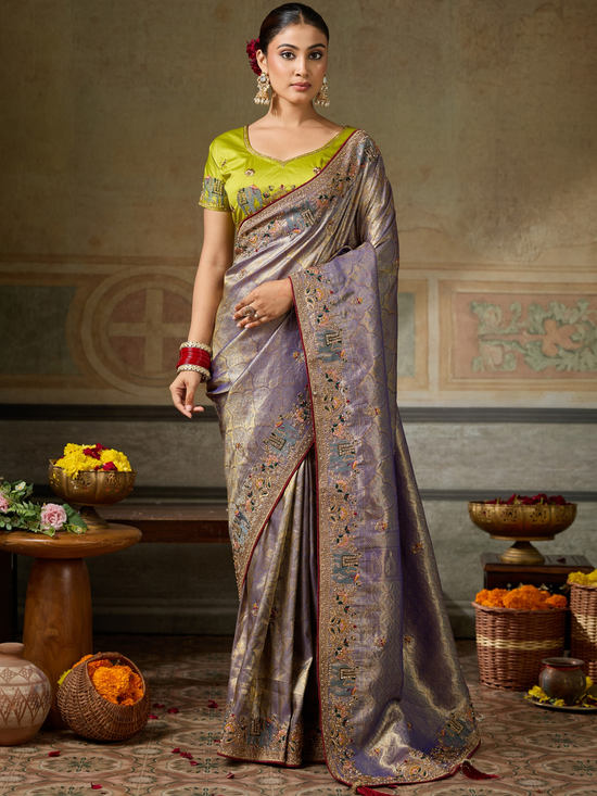 Dusty Lavender Banarasi Satin Silk Saree With Contrast Blouse