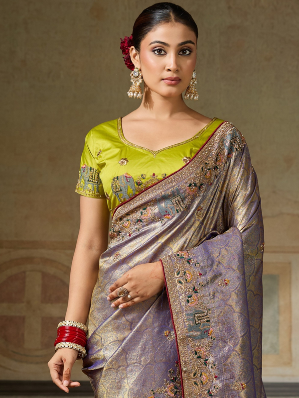 Dusty Lavender Banarasi Satin Silk Saree With Contrast Blouse