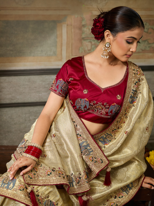 Champagne Gold Banarasi Satin Silk Saree With Contrast Blouse